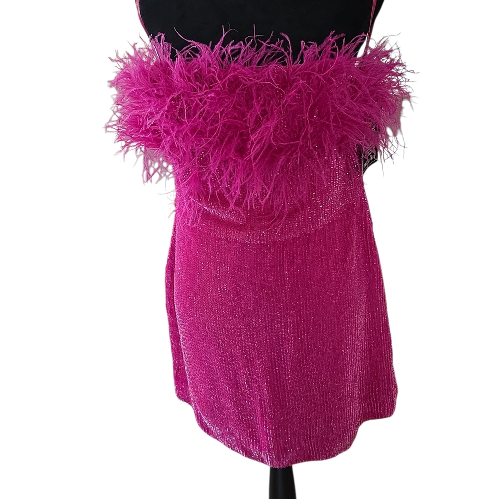 Retrofete Torin Fuschia Ostrich Feathered Mini Dress